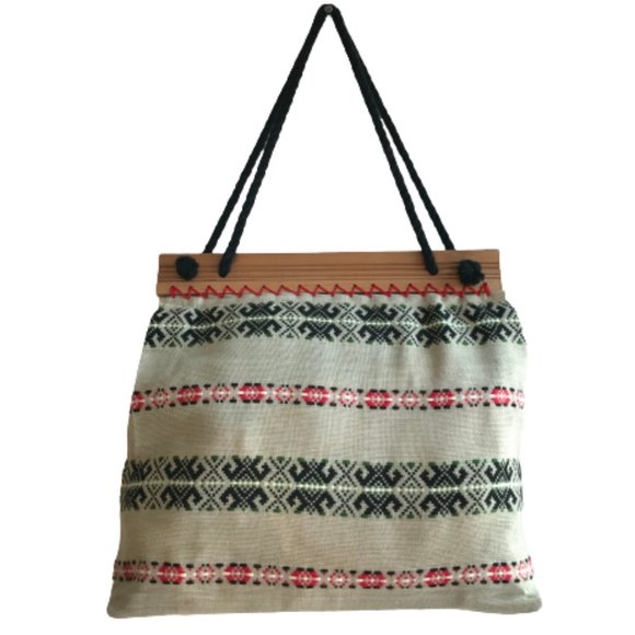 Vintage Tribal Pattern Rope Wood Handmade Tote Bag - Picture 3 of 13